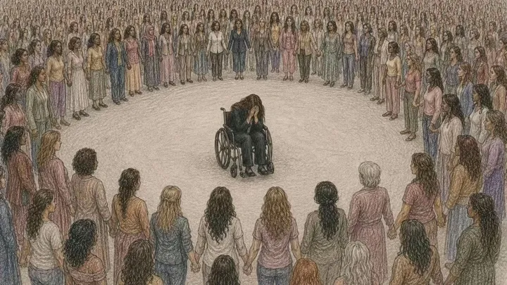 Illustration: a woman seated in a wheelchair, head in her hands, encircled by a
            large ring of women standing shoulder to shoulder and holding hands.